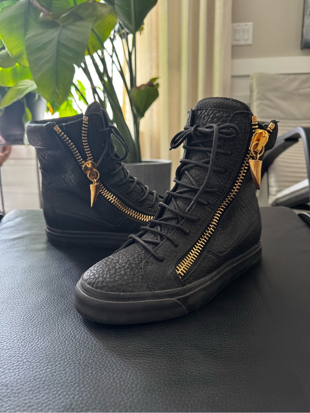 Giuseppe Zanotti Black Leather High-Top Sneakers with Gold Zipper Accents